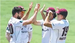  ?? ?? The jubilant Bulls after a Michael Neser (left) wicket.