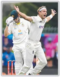  ?? ?? Stuart Broad appeals for the wicket of Cameron Green in yesterday’s Ashes Test in Hobart.