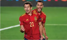  ?? Photograph: Quality Sport Images/Getty Images ?? Mikel Oyarzabal celebrates the only goal of the game as Spain beat Switzerlan­d 1-0 in Madrid.