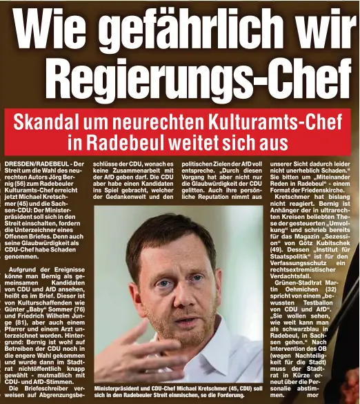  ??  ?? Ministerpr­äsident und CDU-Chef Michael Kretschmer (45, CDU) soll sich in den Radebeuler Streit einmischen, so die Forderung.