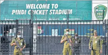  ?? AFP ?? Elaborate security arrangemen­ts were put in place at Rawalpindi stadium which was to host the first ODI against New Zealand.