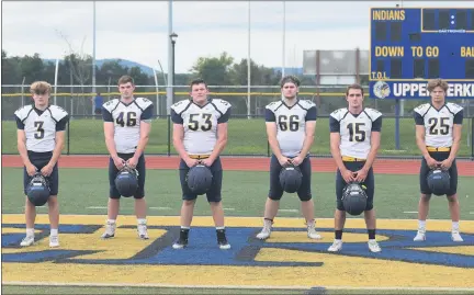  ?? AUSTIN HERTZOG - MEDIANEWS GROUP ?? The Upper Perkiomen football team will be led this fall by, from left, Logan Simmon (3), Brady Thompson (46), Ethan Wambold (53), Riley Decker (66), Hunter Flack (15) and Malachi Duka (25).