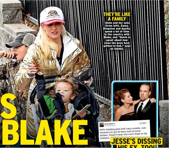  ??  ?? THEY’RE LIKE A FAMILY Gwen and her sons (from left), Zuma, Kingston and Apollo, spend a lot of time in the country with Blake, and “Gavin is upset about how close the boys have gotten to him,” says an insider.