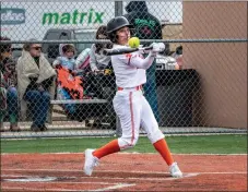  ?? NATHAN BURTON/Taos News ?? LEFT: Taos’ Isabella Lucero swings and makes contact during a home game against St. Michael’s Monday (March 13). RIGHT: The Lady Tigers’ Penny Espinosa winds up a pitch Monday (March 13) during a home game against the Lady Horsemen.