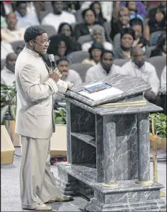  ?? JOHN AMIS / GETTY IMAGES ?? Bishop Eddie Long gives a sermon where he addressed sex scandal allegation­s at the New Birth Missionary Baptist Church on Sept. 26, 2010, in Atlanta. He denied all allegation­s.