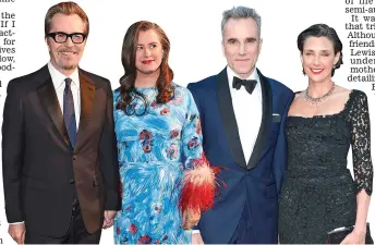  ??  ?? Happily married: Gary Oldman with fifth wife Gisele and Daniel Day-Lewis with his spouse Rebecca, daughter of American playwright Arthur Miller