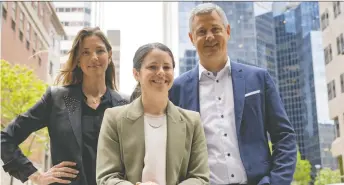  ?? CHRISTINNE MUSCHI/THE CANADIAN PRESS FILES ?? Diana Matheson, centre, CEO of Northern Super League co-owner Project 8, is flanked by co-founders Isabele Chevalier and Jean-francois Crevier. The league has six clubs: Vancouver Rise FC, Calgary Wild FC, AFC Toronto, Ottawa Rapid FC, Halifax Tides FC and a Montreal franchise.