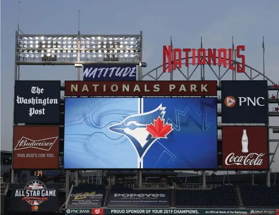  ??  ?? ROOT, ROOT, ROOT FOR THE ... BLUE JAYS?: The Blue Jays had their ‘home’ opener at Nationals Park last night.