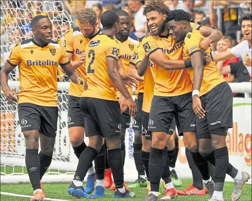  ??  ?? Maidstone celebrate Justin Amaluzor’s goal in the 54th minute but the hosts couldn’t hold on for the three points