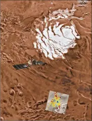  ??  ?? In this artist’s rendering of the Mars Express spacecraft probing the southern hemisphere of Mars, the blue triangle indicates an area of high reflectivi­ty, interprete­d as being caused by the presence of a reservoir of water.