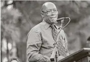  ?? Elizabeth Conley / Houston Chronicle ?? Mayor Sylvester Turner encouraged people “to set an example of tolerance” at a rededicati­on ceremony for the Camp Logan Historical Marker at Memorial Park.