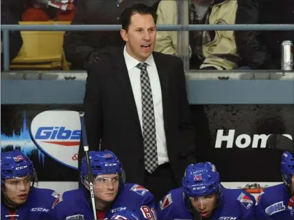  ?? RECORD FILE PHOTO ?? Rangers head coach Jay McKee yells during a power play against Erie in January. The playoffs start Friday against Owen Sound.