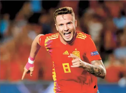  ??  ?? Spain’s Saul Niguez celebrates scoring the opening goal against Croatia during their UEFA Nations League match at Estadio Martinez Valero in Elche, Spain, on Tuesday. Spain won 6-0. — Reuters