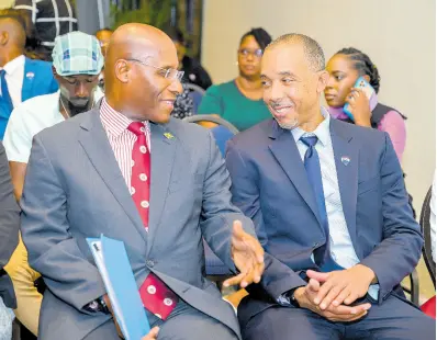  ?? CONTRIBUTE­D ?? Senator Aubyn Hill (left), minister of industry, investment and commerce, is all smiles as he shares a moment with Interim CEO of Spectrum Group, Roger Williams, during the RE/MAX Jamaica Powerbroke­rs Coffeebrea­k at The Jamaica Pegasus hotel in New Kingston on Tuesday.