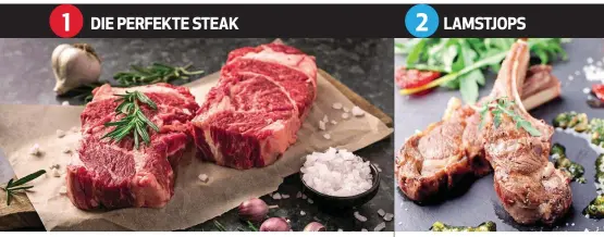  ??  ?? BRAAITYD
’n Steak van 2,5-3 cm moet 7 minute braai om mediumgaar te word. Draai elke 2 minute om.
BRAAITYD
Tjops: 8 minute vir 2,5 cm dik (mediumrou)
Heel snit: 1-1½ uur vir 1,7-2,7 kg