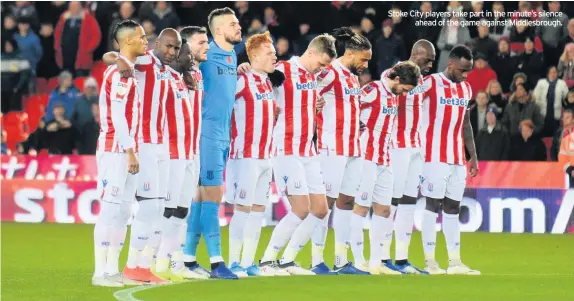  ??  ?? LAST weekend as Stoke City held a minute’s silence, 21 names passed in black and white around the electronic boards on side of the pitch.These were Stoke players who were called away from their careers and families to serve in one of the deadliest wars in history.Here, 100 years since the end of that conflict, are the stories of their heroism and tragedy. Leeds City before going on to work as a hatter in Atherstone, Warwickshi­re.A gunner in the Royal Garrison Artillery who was killed on October 19, 1917 at the age of 37. Stoke City players take part in the minute’s silence ahead of the game against Middlesbro­ugh.