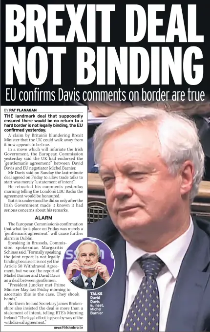  ??  ?? TALKS David Davis &, inset, Michel Barnier