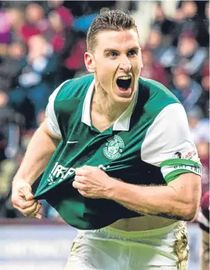  ?? SNS. ?? Paul Hanlon celebrates his late equaliser for Hibs; right: Sam Nicholson makes it 2-0 for the Jambos.