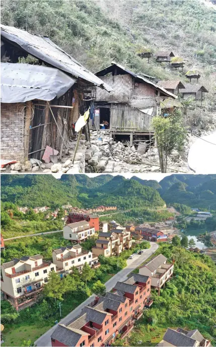  ?? Photo: Xinhua ?? In this combo photo, the upper part taken on January 10, 2018 shows the Megantun area before relocation in Dongjia Village of Lihu Yao Township, and the lower part taken on August 4, 2020 with a drone shows the poverty-relief relocation site for villagers from Megantun, in Nandan County, south China’s Guangxi Zhuang Autonomous Region.