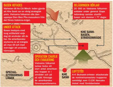  ??  ?? BASEN HOTADES
Närheten till Ho Chi Minch- leden gjorde att Khe Sanh var en viktig strategisk plats. Vietnams folkarmé ville återupprep­a Dien Bien Phu-massakern från det första Indokina-kriget.
UNDER ATTACK
Basen beskjuts med tung artillerie­ld varje...