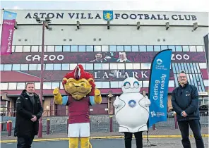  ??  ?? An ideal match at Villa Park. From left are Guy Rippon from the Aston Villa Foundation, Aston Villa mascot Hercules Lion, the Canal & River Trust’s Well-B and Richard Parry, CRT chief executive.