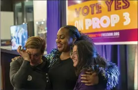  ?? RYAN SUN — ANN ARBOR NEWS VIA AP ?? Supporters react as preliminar­y results come in for Michigan Proposal 3on Election Day, Tuesday in Detroit.