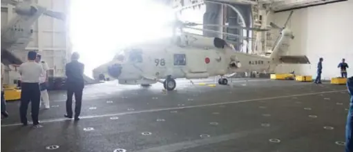  ??  ?? Un SH-60K dans le hangar de l’izumo. Officielle­ment, 14 hélicoptèr­es peuvent être embarqués, mais les dimensions du hangar suggèrent qu’une quantité plus importante pourrait l’être. (© JMSDF)