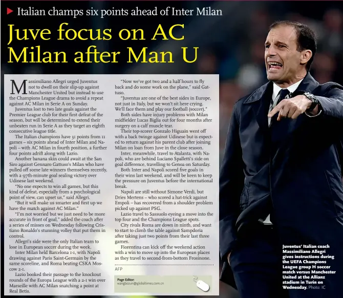  ??  ?? Juventus’ Italian coach Massimilia­no Allegri gives instructio­ns during the UEFA Champions League group H soccer match versus Manchester United at the Allianz stadium in Turin on Wednesday.