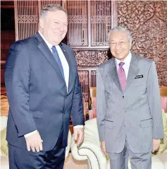  ??  ?? Prime Minister Tun Dr Mahathir Mohamad (right) meeting with US Secretary of State Mike Pompeo at Perdana Putra yesterday. - Bernama photo