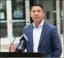  ?? ?? City Councilman Eric Arias speaks during ceremonies celebratin­g Cottonwood Road’s renaming to MLK Boulevard on Wednesday.