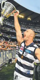  ??  ?? Geelong captain Tom Harley holds the premiershi­p cup up for the crowd after the 2007 grand final.