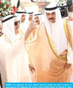  ?? — Amiri Diwan photos ?? KUWAIT: His Highness the Amir Sheikh Sabah Al-Ahmad Al-Jaber Al-Sabah is welcomed by His Highness the Crown Prince Sheikh Nawaf Al-Ahmad Al-Jaber Al-Sabah upon his return to Kuwait yesterday.