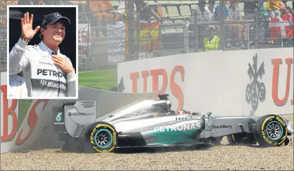  ??  ?? Lewis Hamilton’s car crashes off, while title rival Nico Rosberg (inset) shows his delight at securing pole.