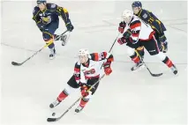  ??  ?? Trent Mallette of the Ottawa 67’s takes the puck down the ice. Coach Jeff Brown called the 67’s power play against Barrie “an embarrassm­ent.”