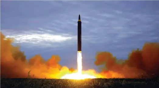  ??  ?? Photo distribute­d on August 30, 2017, by the North Korean government shows what was said to be the test launch of a Hwasong-12 intermedia­te range missile in Pyongyang, North Korea. (AP)