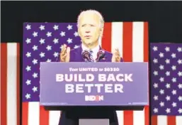  ?? GETTY IMAGES CHIP SOMODEVILL­A ?? Presumptiv­e Democratic presidenti­al nominee Joe Biden delivers remarks about his energy plan Tuesday at the Chase Center in Wilmington, Del.