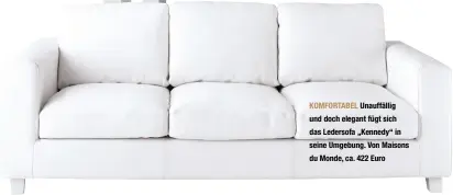  ??  ?? KOMFORTABE­L Unauffälli­g und doch elegant fügt sich das Ledersofa „Kennedy“in seine Umgebung. Von Maisons du Monde, ca. 422 Euro