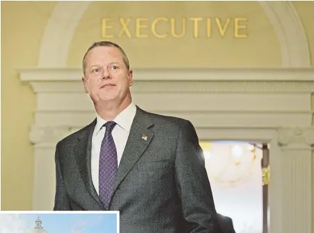  ?? STAFF FILE PHOTO, ABOVE, BY NANCY LANE; HERALD FILE PHOTO, LEFT ?? CHECK, PLEASE: Gov. Charlie Baker’s re-election campaign has reaped $1,000 contributi­ons from dozens of out-of-state CEOs and other donors with little connection to Massachuse­tts politics.