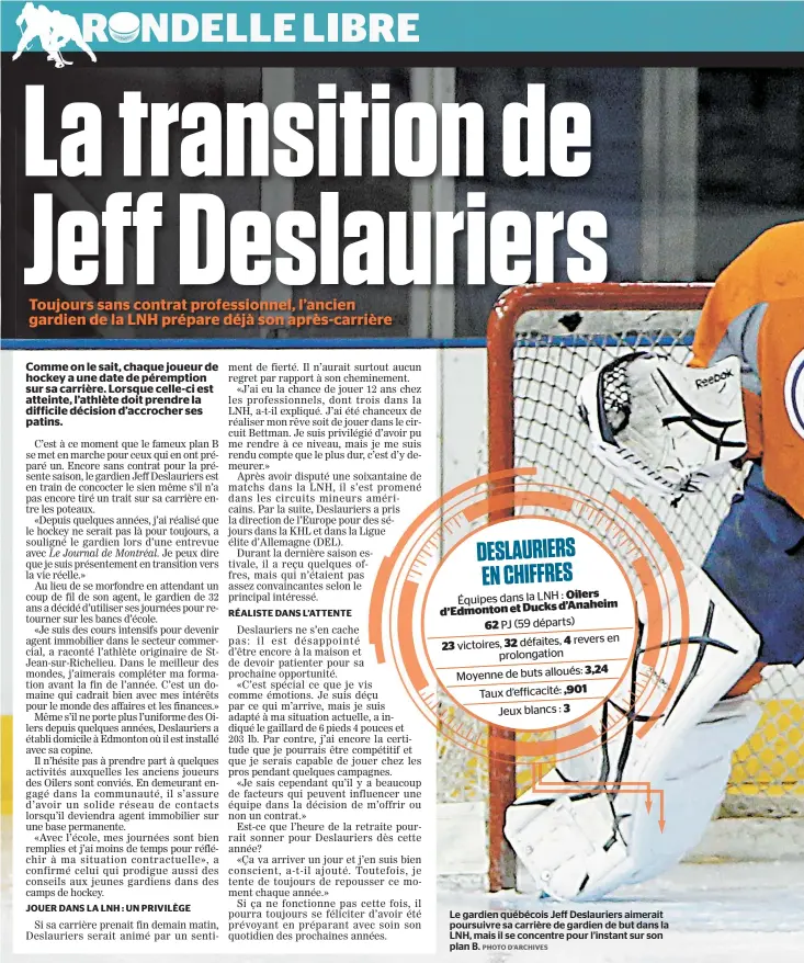  ??  ?? Le gardien québécois Jeff Deslaurier­s aimerait poursuivre sa carrière de gardien de but dans la LNH, mais il se concentre pour l’instant sur son plan B.