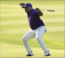  ?? Oisin Keniry/Getty Images ?? Harold Varner III celebrates after draining a 90-foot putt for eagle on the 18th green to win the Saudi Internatio­nal.