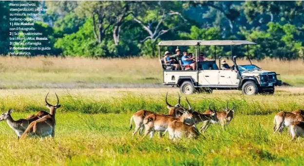  ??  ?? Meno pacchetti standardiz­zati, più idee su misura, nel nuovo turismo organizzat­o.
1| Alle Maldive con il fotografo.
2| Sci escusionis­mo tra i Monti Altai, Russia. 3| Safari in famiglia in Botswana con la guida naturalist­ica.
DOVE