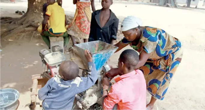  ?? PHOTO GODSWILL AYEMOBA ?? A woman fixing her faulty grinding machine at Petti village in Kwali Area Council on Tuesday.