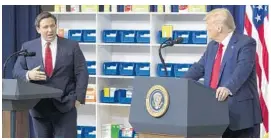  ?? ALEX BRANDON/AP ?? Florida Gov. Ron DeSantis, left, with President Donald Trump during an event in the South Court Auditorium in the White House complex Friday in Washington.