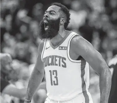  ?? Godofredo A. Vásquez / Staff photograph­er ?? Rockets guard James Harden can hardly control himself, something the Clippers failed to do at the end of Wednesday night’s game, after hitting a 3-pointer during a 17-point burst in the final five minutes.