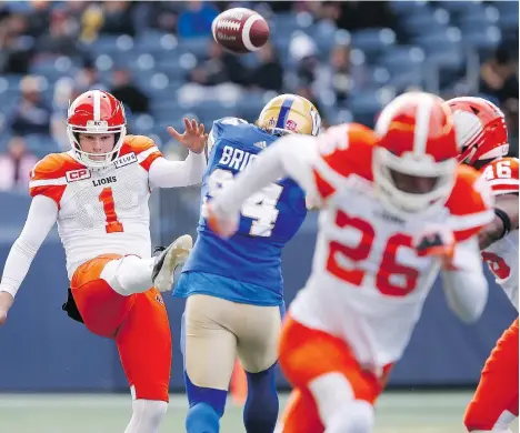  ?? JOHN WOODS/THE CANADIAN PRESS ?? Lions kicker Ty Long has a league record in sight, his 50.2-yard punting average close to former CFL standout Jon Ryan’s 50.6-yard standard, and has also connected on 30 of his 33 field goal attempts this season, including last weekend’s game-winner in overtime.