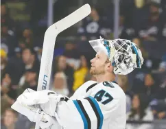  ?? JAMES CAREY LAUDER / USA TODAY SPORTS ?? San Jose Sharks goaltender James Reimer chose not to wear a Pride-themed sweater during warm-up.