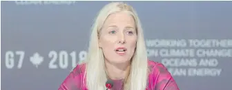  ??  ?? Federal Environmen­t Minister Catherine McKenna speaks at Wednesday’s G7 meeting in Halifax: “I’m not a quitter. Resigning is easy. It’s really hard to do what we’re doing.”