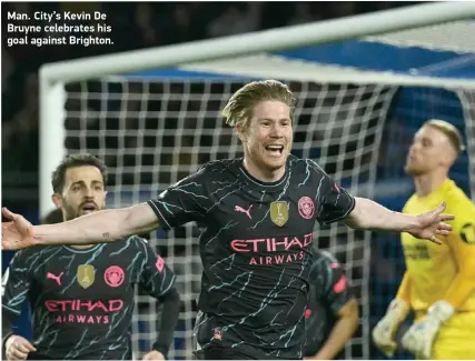  ?? ?? Man. City’s Kevin De Bruyne celebrates his goal against Brighton.