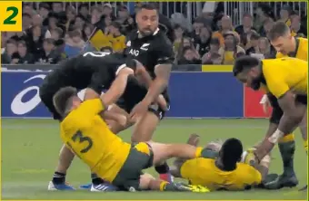  ?? Photos / Sky Sport ?? Pictures 1-4: Wallabies player James O’Connor (13) grabs All Black Anton Lienert-Brown (12) around the head and forces him to the ground by twisting his neck. The Australian players used this illegal trick on more than a dozen occasions in Perth.