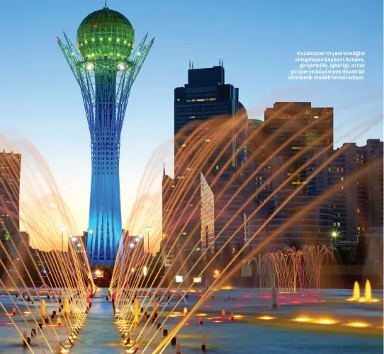  ??  ?? Kazakistan'ın yeni kimliğini simgeleyen başkent Astana,
girişimcil­ik, işbirliği, ortak girişim ve büyümeye dayalı bir ekonomik modeli temsil ediyor.